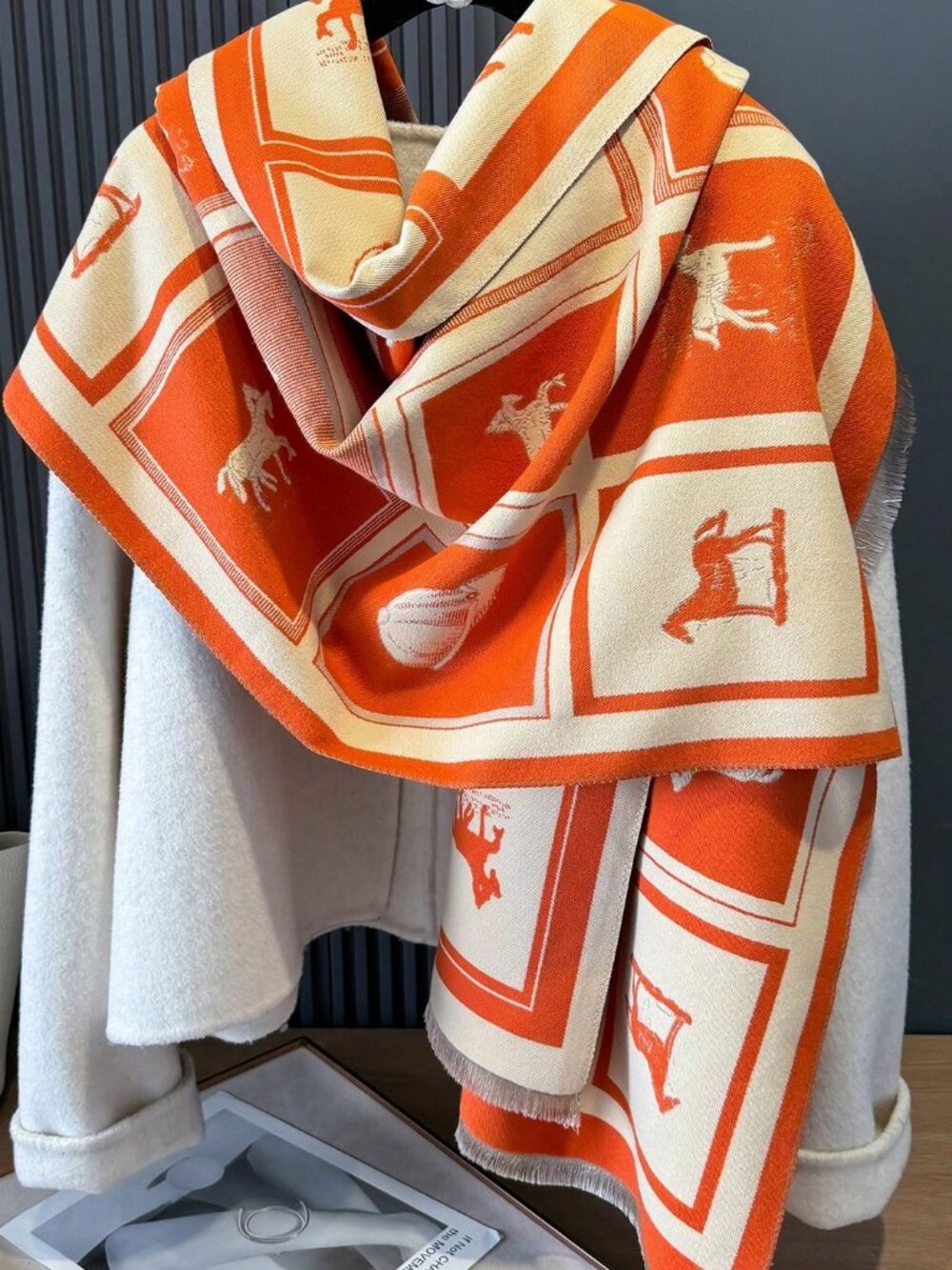 Orange Animal Jacquard Women's Elegant Scarf Shawl Blanket Neck Warmer Regular